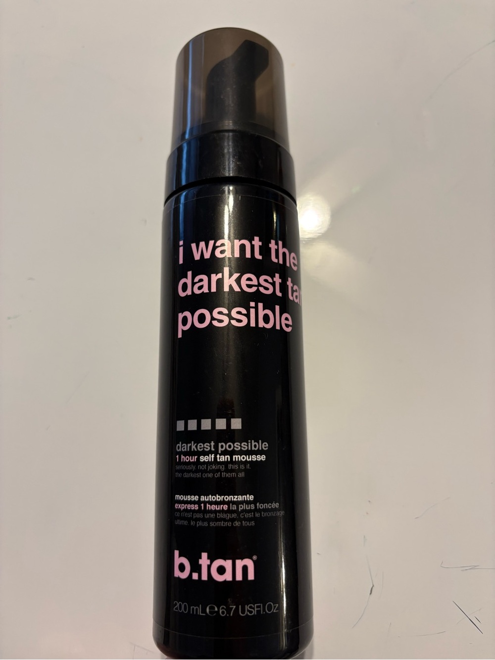b.tan Darkest Possible 1 Hour Self Tan Mousse — Black with Pink Text